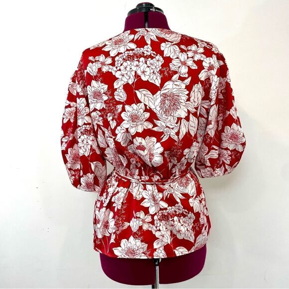 Rebecca Minkoff Red White Mary Floral-Print Wrap Top Wrap Blouse Puff sleeves M - Picture 3 of 12